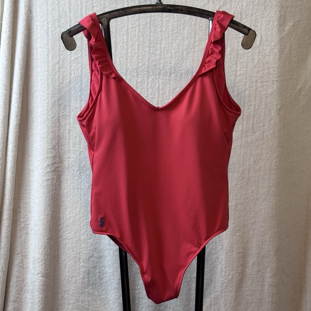 Polo Ralph Lauren Ruffle Back One-Piece Swimsuit Guava Sz‎ M